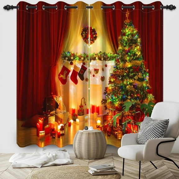 Nanqianyi Christmas Fireplace Red Blackout Curtains For Bedroom & Living Room, Xmas Tree Pattern 42x84 inch 2 Panels