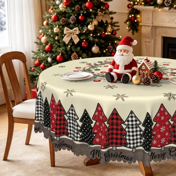 Nanqianyi Christmas Pine Wreath Round Tablecloth,60 Inch,Washable Polyester Table Cover for Winter Holiday