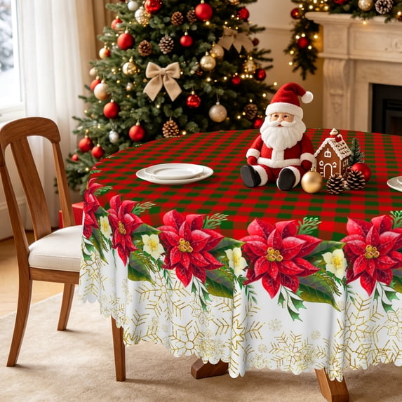Nanqianyi Christmas Poinsettia Plaid Round Tablecloth,60 Inch,Washable Table Cover For Family Party Dinning Decor