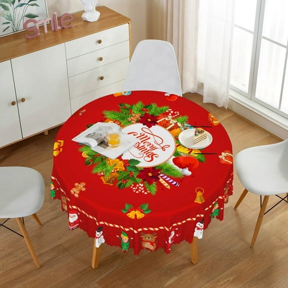 Nanqianyi Christmas Red Round Table Cloth 70 inch, XMAS Bells Snowman Santa Claus Circular Tablecloths for Washable Polyester Fabric Kitchen Decor