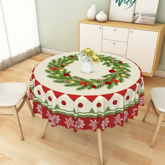 Nanqianyi Christmas Red and Beige Round Tablecloth Winter Snowflake Green Wreath Wrinkle Resistant Table Cloth for Kitchen Home Decor 70 Inch
