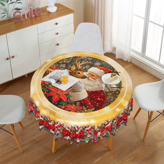 Nanqianyi Christmas Round Tablecloth 60 Inch Santa Claus Elk Red Floral Decorative Table Cloth Christmas Holiday Circle Table Cover