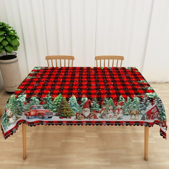 Nanqianyi Christmas Snowflakes Red Plaid Tablecloth 60"x 84", Winter Snowman XMAS Tree Washable Table Cloth for Holiday Home Dinner Decor