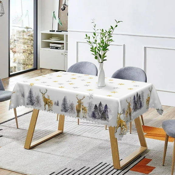 Nanqianyi Christmas Tablecloth 60 x 84 Inch Rectangular, Golden Elk Grey XMAS Tree Winter Snowflake Washable Table Cloth for Kitchen Dinner Home Decor