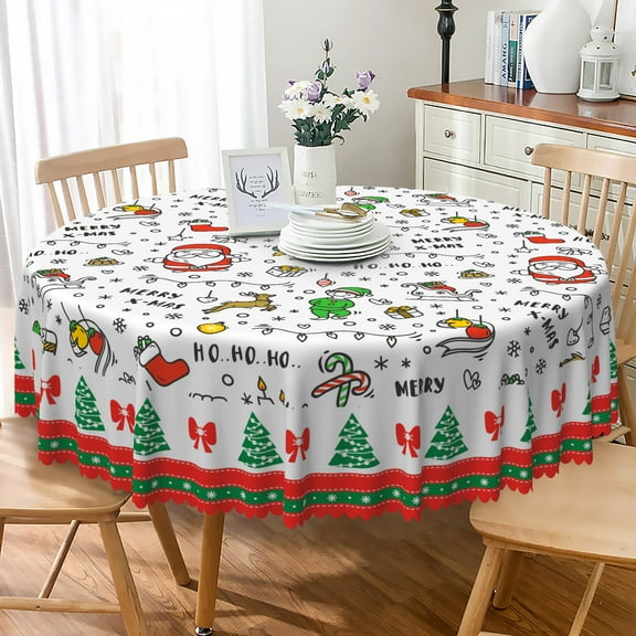 Nanqianyi Christmas Tablecloth 70 x 70 Inch Round, Santa Claus XMAS Trees Washable Polyester Table Cloth for Holiday Dinner Party Decor, White