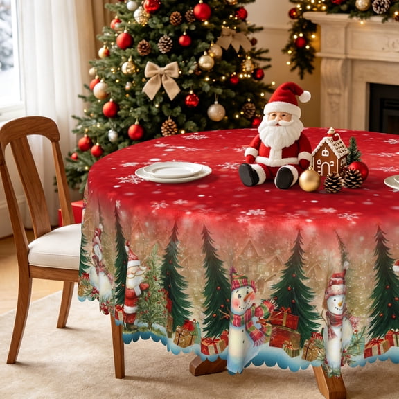 Nanqianyi Christmas Tablecloth Round 70 Inch, Winter Snowman Snowflake Table Cloth Xmas Tree Red Washable Table Cover for Holiday Party