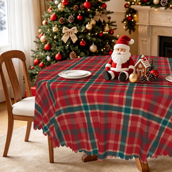 Nanqianyi Christmas Tartan Plaid Round Tablecloth,70 Inch,Washable Holiday Table Cover for Xmas Dinner Decor