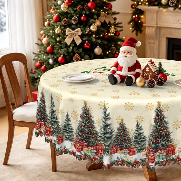 Nanqianyi Christmas Tree Gifts Round Tablecloth,60 Inch,Washable Polyester Table Cover for Indoor Outdoor Party Decor
