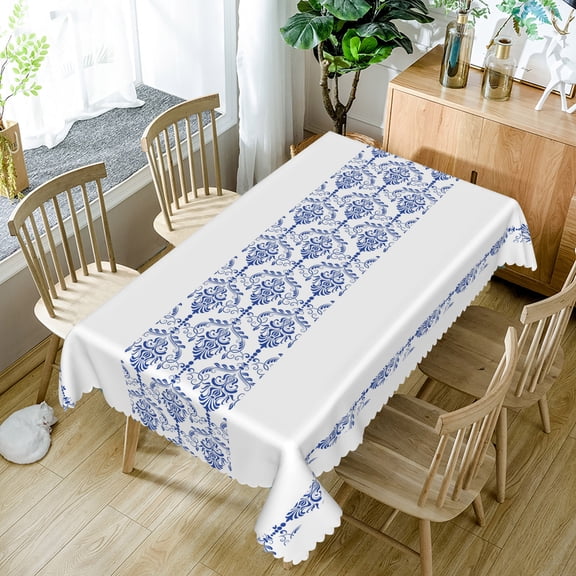 Nanqianyi Classic Blue Porcelain Pattern Rectangle Tablecloth,70x52 Inch,Polyester Waterproof Table Cover For Kitchen Dining