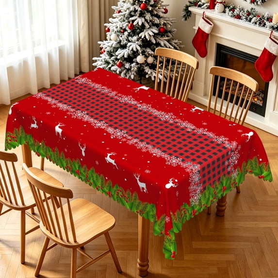 Nanqianyi Classic Reindeer Plaid Tablecloth,60"x102",Waterproof Winter Xmas Party Decor Table Cover