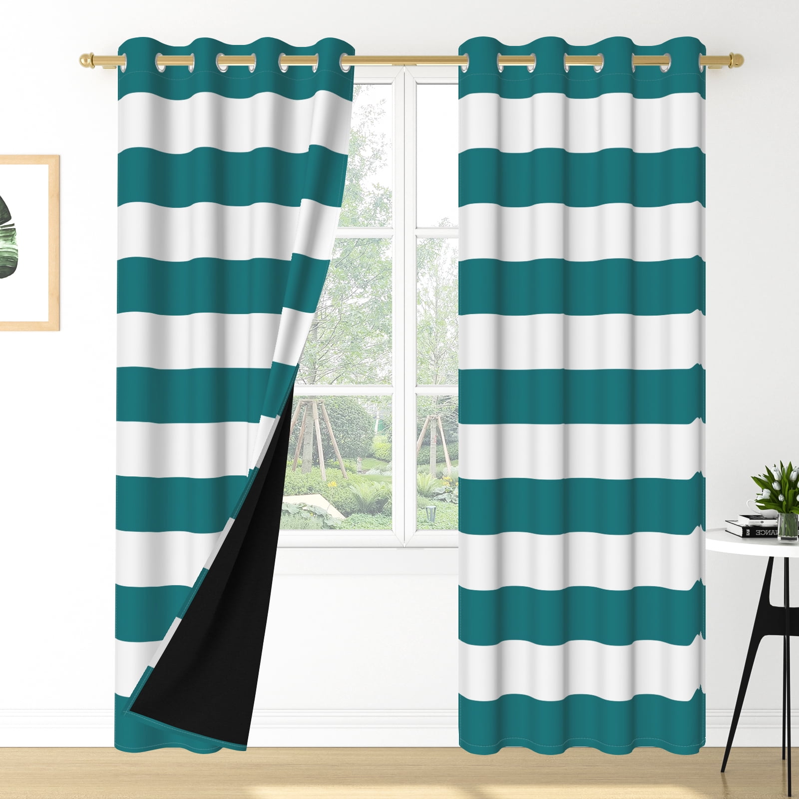 Nanqianyi Dark Blue White Striped Blackout Curtains for Bedroom Living Room, 52"W x 63"L, Thermal Insulated Grommet Window Drapes 2 Panels