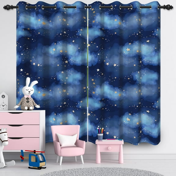 Nanqianyi Dreamy Starry Night Blackout Curtains, Child Bedroom Grommet Top Drapes With Clouds Stars Pattern, 52"W x 96"L, 2 Panels