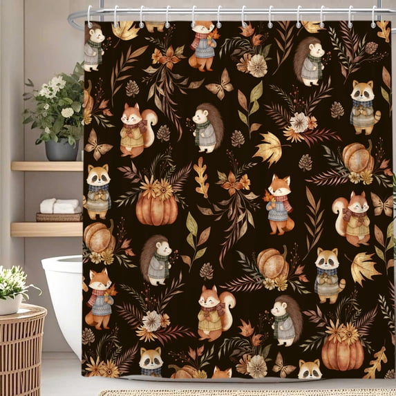 Nanqianyi Fall Black Shower Curtain,Fox Raccoon Autumn Leaf Bathroom Curtain Set,36 x 72 Inch, Polyester Waterproof Decor with Hooks