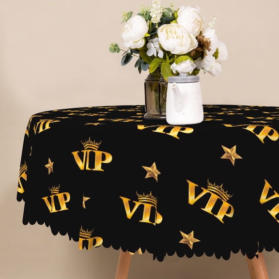 Nanqianyi Gold Stars VIP Black Round Tablecloth 60 inch, Perfect For Birthday Party Decor, Kitchen Dinner Table Cloth Cover