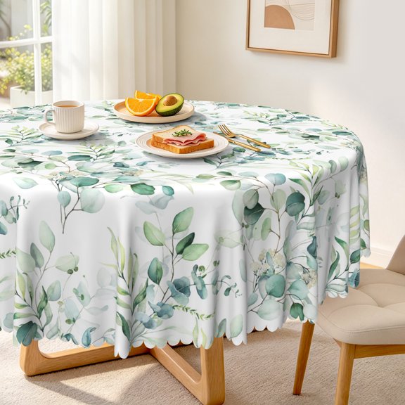 Nanqianyi Green Eucalyptus Leaf Round Tablecloth 60 inch, Washable Table Cloth Cover for Dinner, Outdoor Picnic