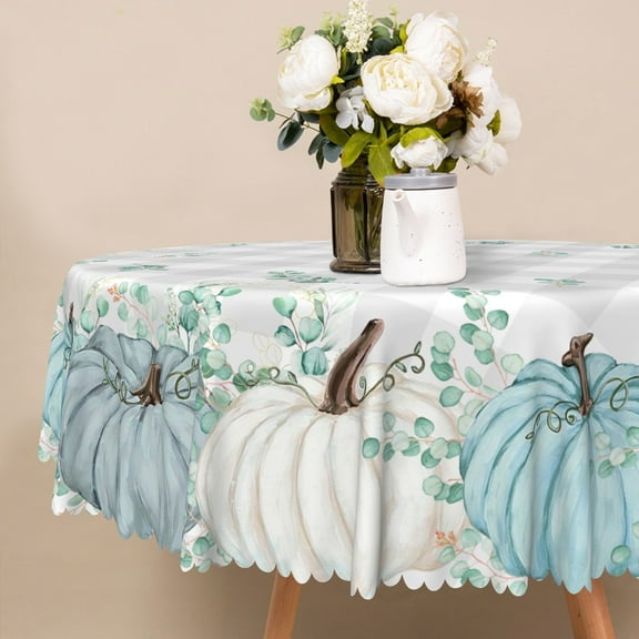 Nanqianyi Green Leaves Pumpkin Round Tablecloth 60 inch, Perfect For Kitchen And Dinner Decoration, Grey White Grid Table Cover