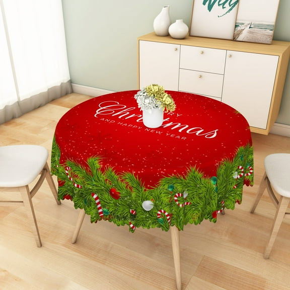 Nanqianyi Green Pine Leaf Red Christmas Round Tablecloth 70 Inch, Winter Holiday Indoor Kitchen Decor Washable Table Cloth for Dinner