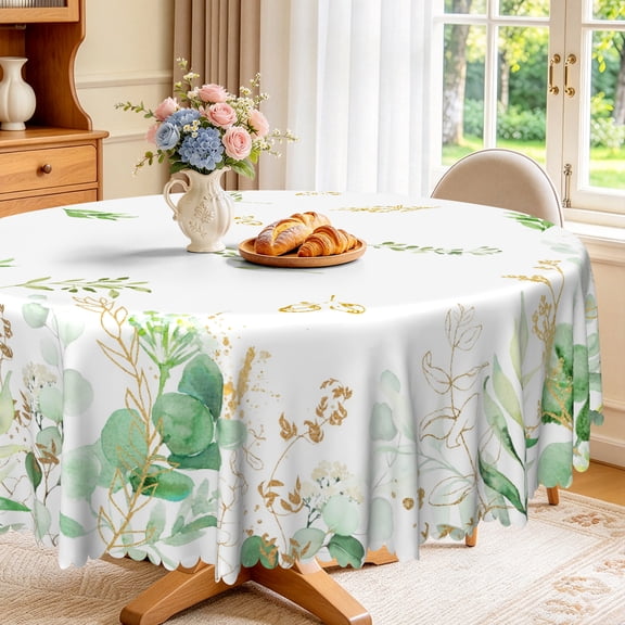 Nanqianyi Greenery & Gold Eucalyptus Leaves Round Waterproof Tablecloth 60 inch for Kitchen Table Cover Dinner, Outdoor Picnic Decor