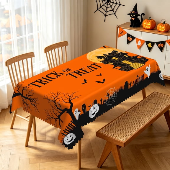 Nanqianyi Halloween Orange Waterproof Tablecloth,Washable Polyester Table Cover for Halloween Dinner Decor,52x70 Inch
