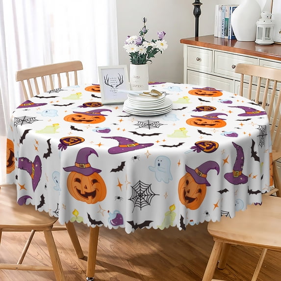 Nanqianyi Halloween Tablecloth 70×70 Inch Round, Orange Pumpkin Table Cloth for Party Decoration, Bat Cartoon Themed Waterproof Table Cover for Dinner Decor