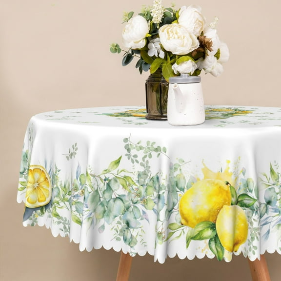 Nanqianyi Lemon & Bear Round Tablecloth 60 inch, Green Leaves Floral Decoration For Kitchen Dinner Table Cloth Circle Cover
