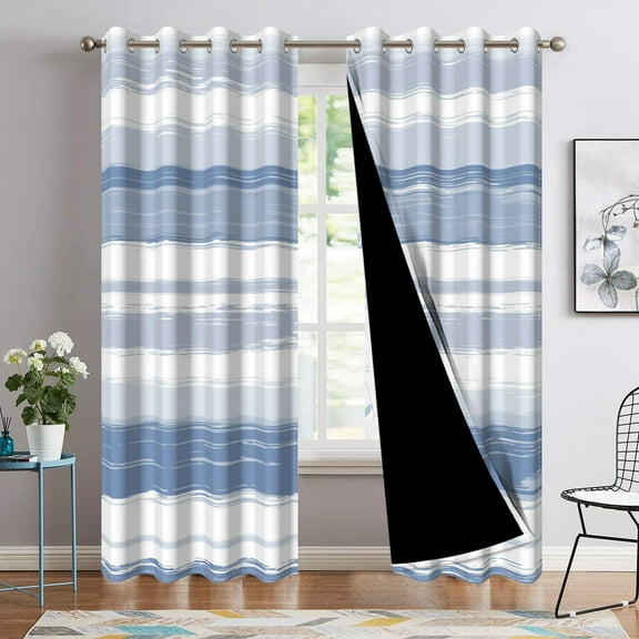 Nanqianyi Light Blue Stripe Room Darkening Window Curtains, 52 x 63 Inches Striped Grommet Drapes for Bedroom Living Room Thermal Insulated 2 Panels