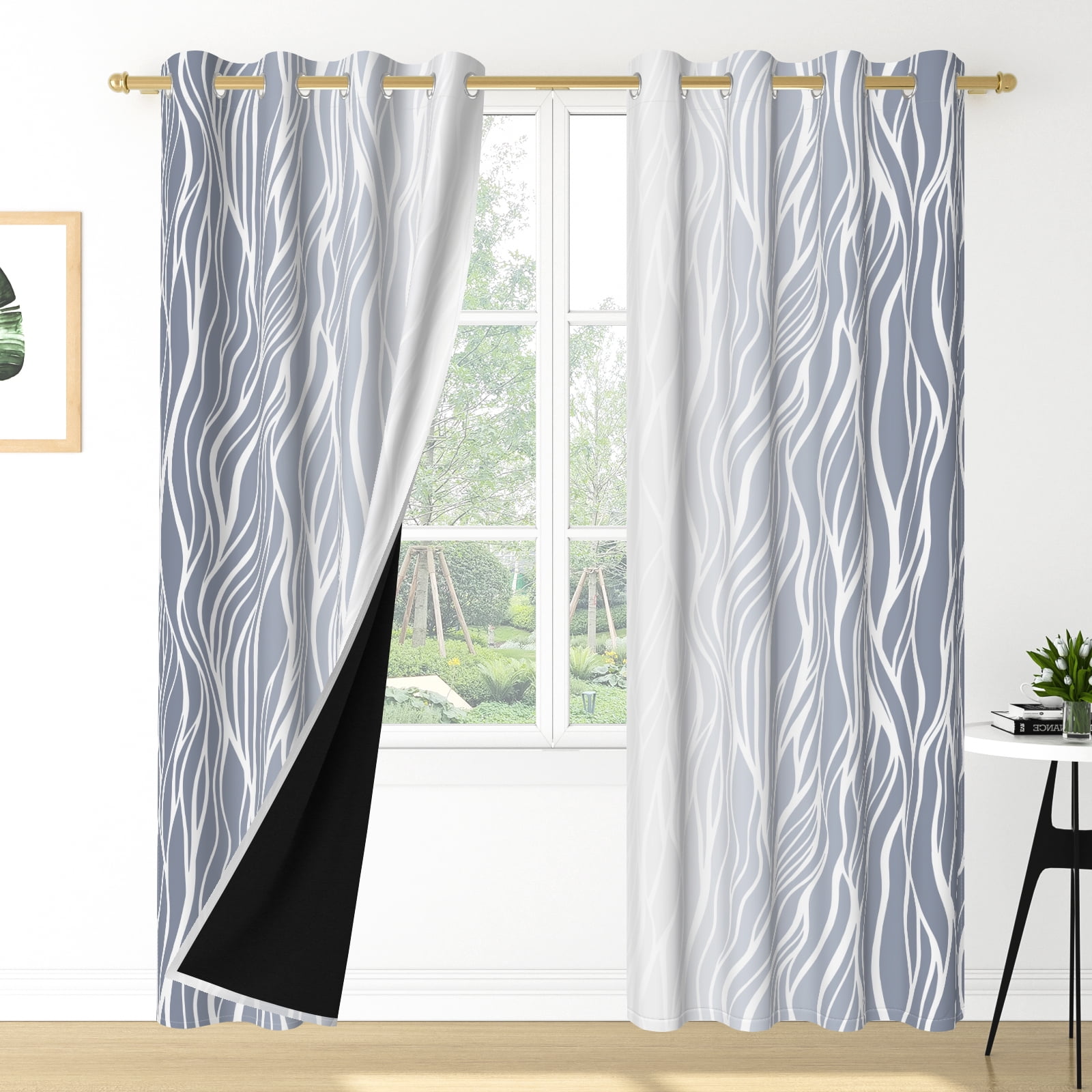 Nanqianyi Light Grey Blackout Curtains 42 X 63 Inch Length 2 Panels, White Wave Line Ombre Thermal Insulated Drapes for Bedroom, Living Room