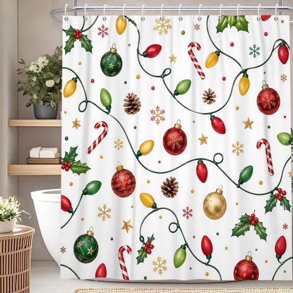 Nanqianyi Merry Christmas Shower Curtain,Candy Cane Pine Bathroom Decor,Polyester Waterproof Fabric with Hooks,36 W x72 H Inch