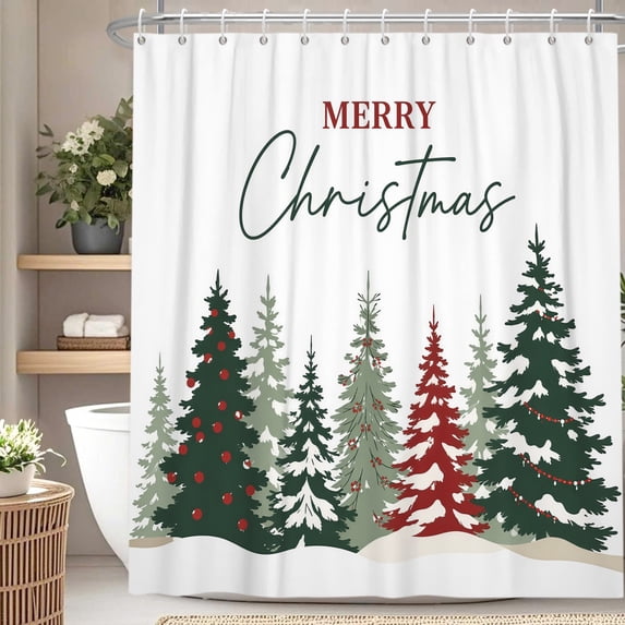 Nanqianyi Merry Christmas Shower Curtain,Snowy Pine Tree Winter Farmhouse Waterproof Bathroom Decor,with Hooks,60 W x72 H Inch