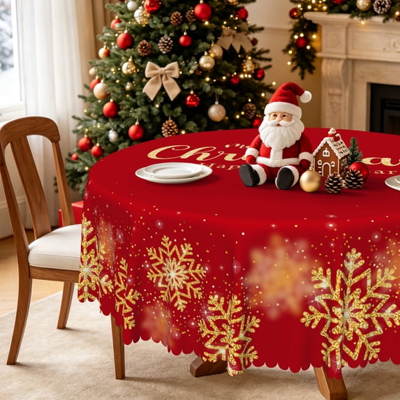 Nanqianyi Merry Christmas Tablecloth 70 Inch Round Winter Gold Snowflakes Waterproof Table Cloth for Christmas/New Year Party Dining