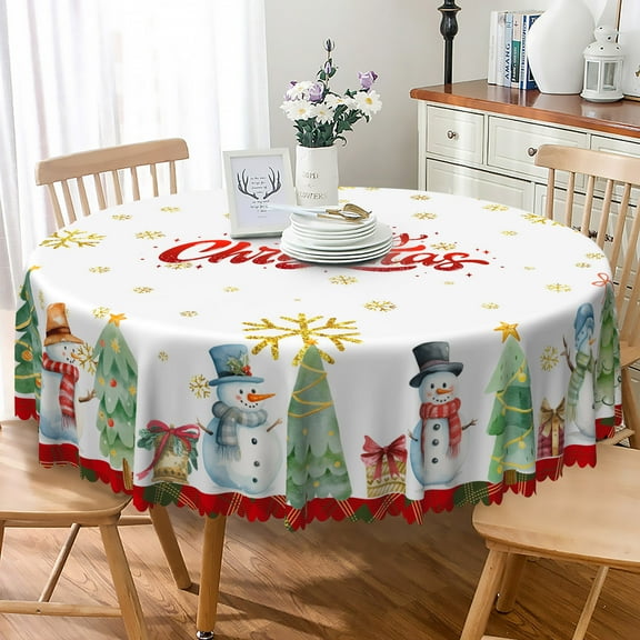 Nanqianyi Merry Christmas Tablecloth Round 70 inch, Winter Snowman XMAS Tree Snowflake Table Cloth for Kitchen Decor, Polyester Fabric Table Cover for Holiday Party