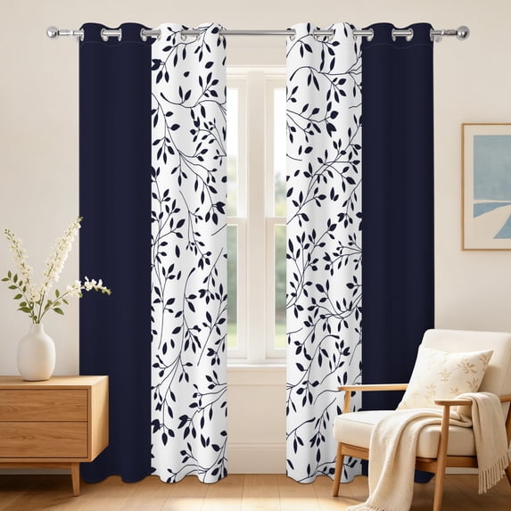 Nanqianyi Navy Blue Leaf Patchwork Blackout Curtains,2 Panels,52x63 Inch,Light Blocking Grommet Top Window Drapes For Bedroom Living Room
