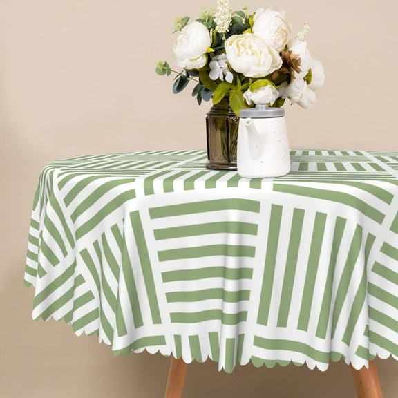 Nanqianyi Olive Green Stripe Round Tablecloth 60 inch Waterproof & Oil Perfect For Indoor Kitchen, Outdoor Picnic Decor