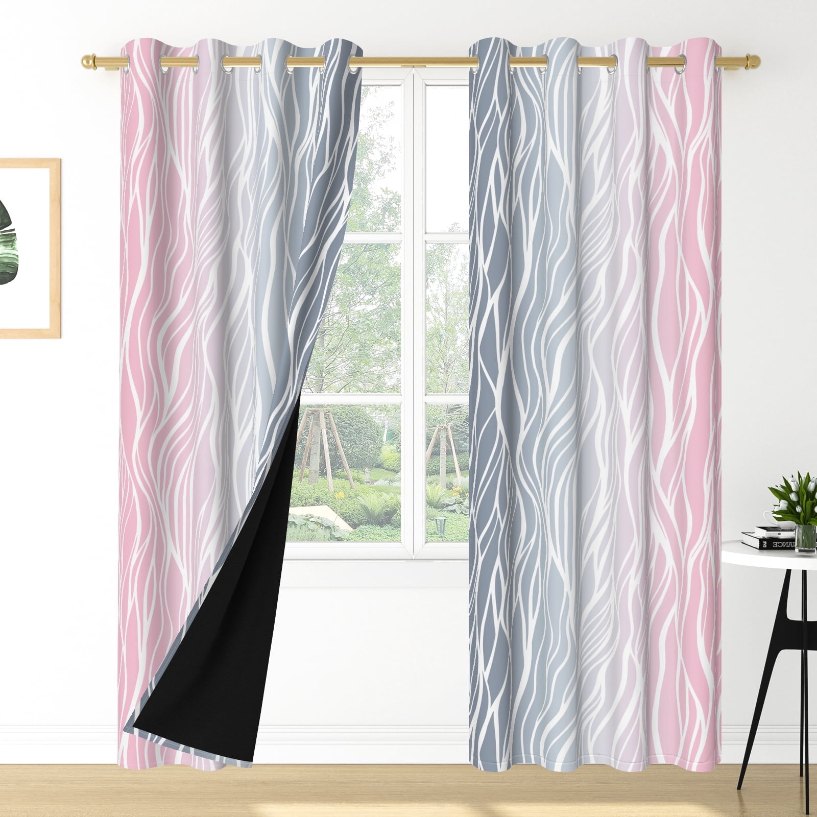 Nanqianyi Ombre Pink and Grey Blackout Curtains for Bedroom, White Wave Striped Gradient Thermal Insulated Drapes with Grommet, 2 Panels, 42x84 inches