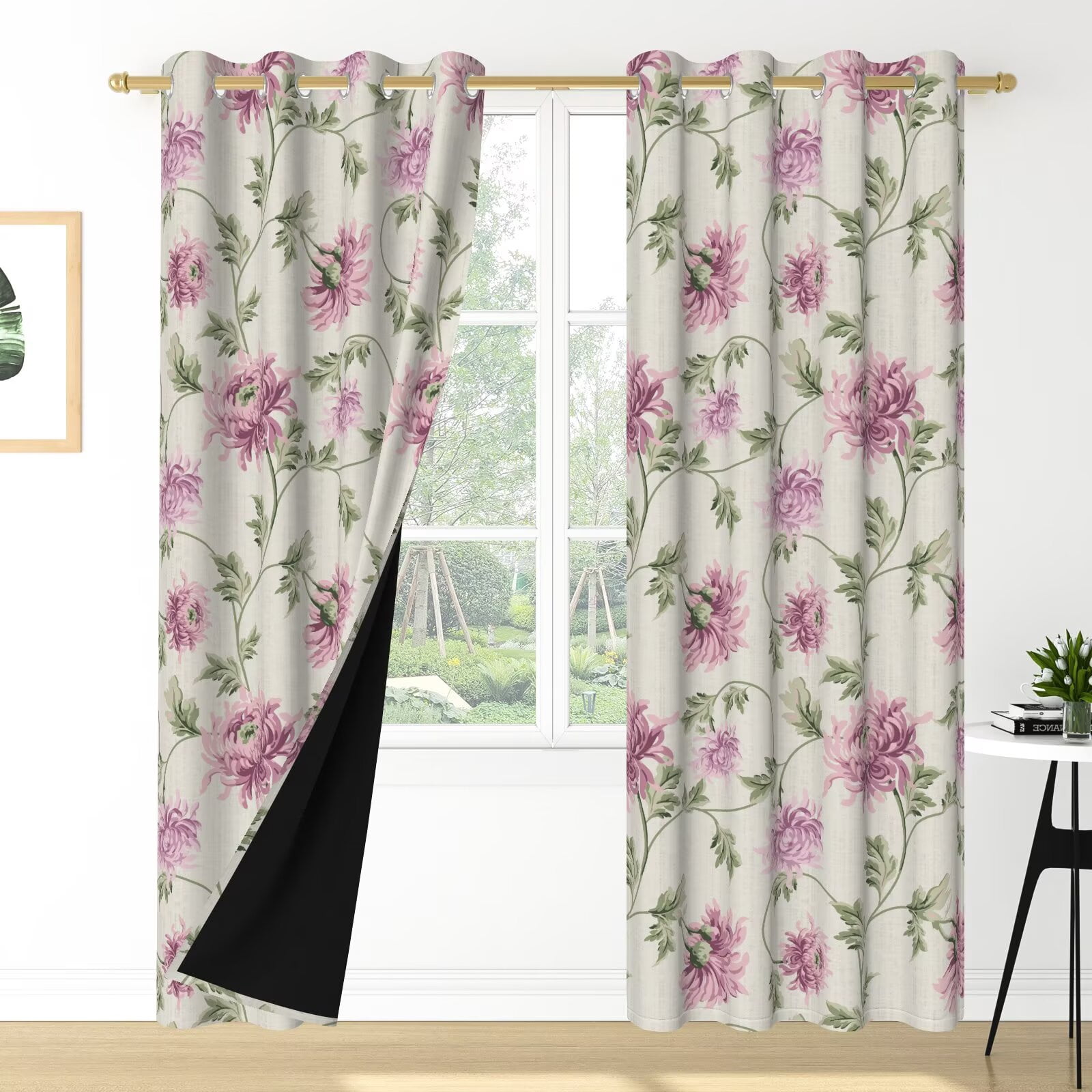 Nanqianyi Pink Floral Blackout Curtains, Linen Texture Vine Grommet Drapes for Living Room Bedroom, 2 Panels, 52"W x 84"L