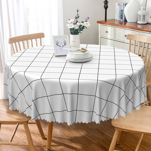Nanqianyi Plaid Round Tablecloth 60 Inch, Black Grid Lines Waterproof Resistant Wrinkle Round White Table Cloth for Kitchen Dining Room