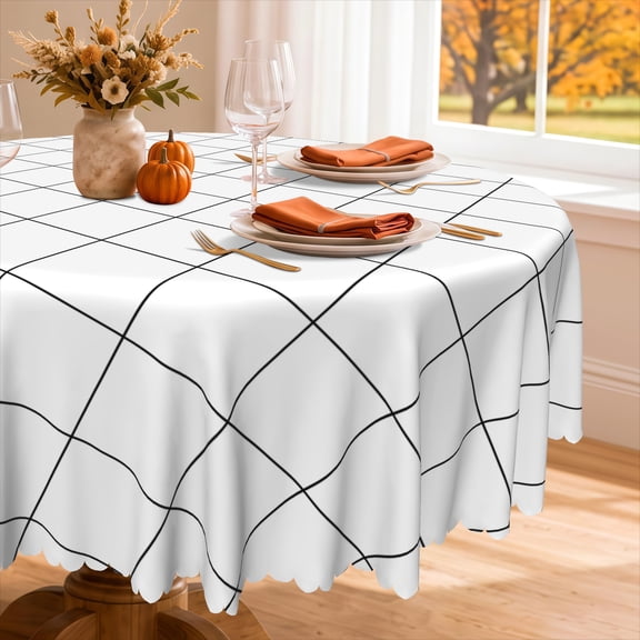 Nanqianyi Plaid Round Tablecloth 70 Inch, Black Grid Lines Waterproof Resistant Wrinkle Round White Table Cloth for Kitchen Dining Room