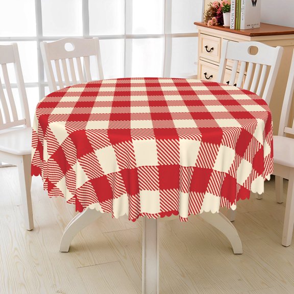 Nanqianyi Red Beige Checkered Round Tablecloth 60 Inch, Waterproof Stain Polyester Table Cloth for Indoor Dining Party