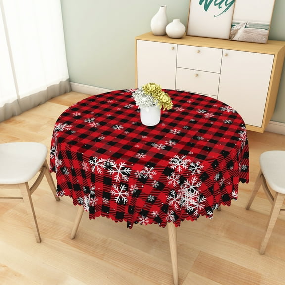 Nanqianyi Red Black Buffalo Plaid Christmas Round Tablecloth 70 inch Winter Snowflake Circular Washable Tablecloths for Kitchen Round Tables Cover