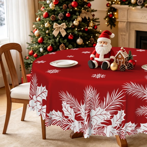 Nanqianyi Red Christmas Holly Pine Round Tablecloth,60 Inch,Stain‑Resistant Table Cover for Winter Holiday Dining Decor