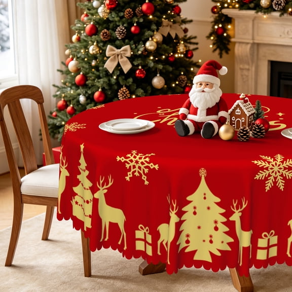 Nanqianyi Red Christmas Round Tablecloth,60 Inch,Washable Gold Deer Table Cover for Xmas Dining Room Kitchen Decor