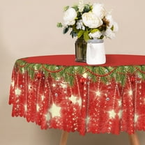 Nanqianyi Red Christmas Round Tablecloth 70 Inch, Golden Shiny Stars Xmas Wreath Decor for Winter Indoor Kitchen Table Cover