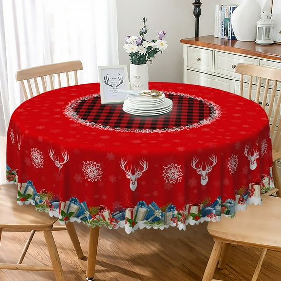Nanqianyi Red Christmas Tablecloth Round 70 Inch, Red Winter Snowflake Elk Gifts Table Cloth for Kitchen Dinner Xmas Party Decoration