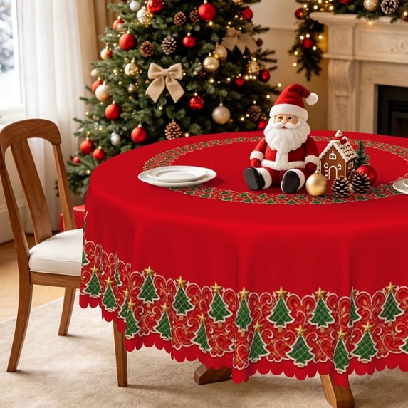 Nanqianyi Red Christmas Tree Round Tablecloth,60 Inch,Washable Table Cover for Holiday Dining Decor