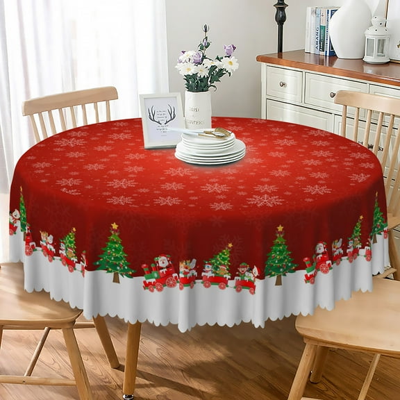 Nanqianyi Red Merry Christmas Round Tablecloth 70 Inch, Winter Snowflake Xmas Tree Small Trains Washable Table Cover for Kitchen Dining Party