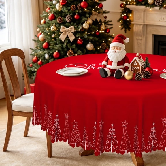 Nanqianyi Red Round Tablecloth 70 Inch, Merry Christmas Tree Pattern Decoration Table Cover, Christmas Holiday Party Dining Table Cloth