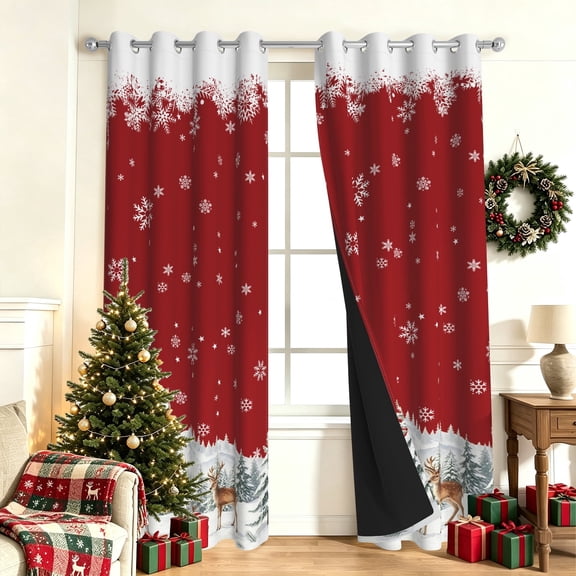 Nanqianyi Red Snowflake Deer Christmas Blackout Curtains,Bedroom Living Room Thermal Insulated Grommet Drapes,Set of 2,42x63inch