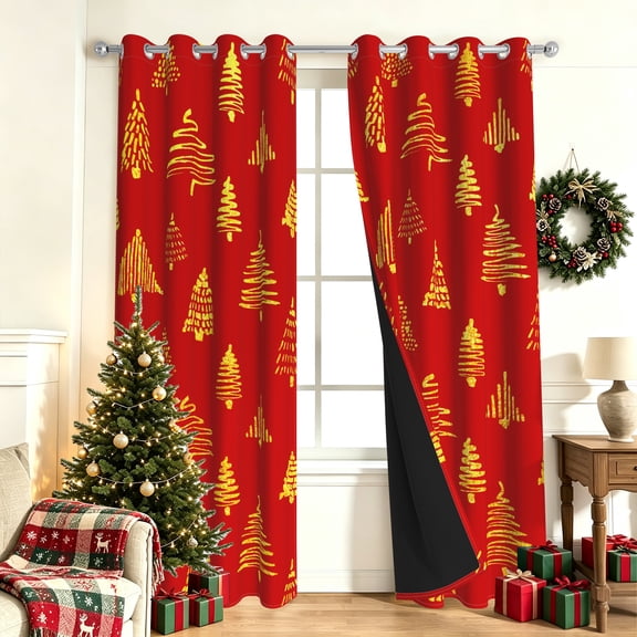 Nanqianyi Red Thermal Insulated Blackout Curtains,42×63 Inch,2 Panels Set,Grommet Top,Golden Christmas Tree