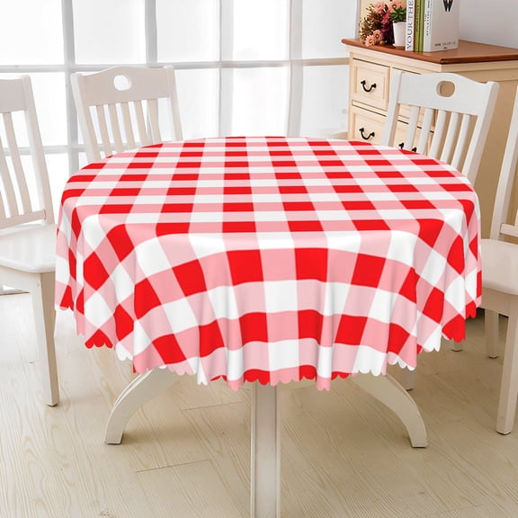 Nanqianyi Red White Plaid Round Tablecloth 70 Inch, Waterproof/Oil Polyester Table Cloth For Dining Room Party Outdoor Picnic