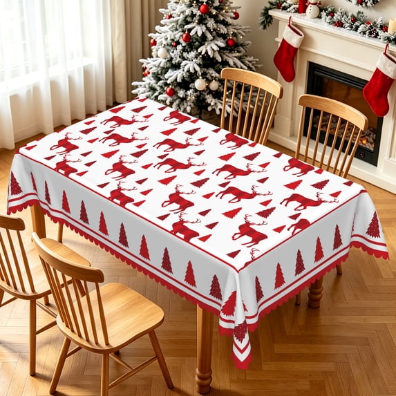 Nanqianyi Reindeer Pine Christmas Rectangle Tablecloth,Waterproof Stain Resistant Table Cover,52x70 Inch